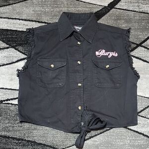 STURGIS SLEEVELESS RAW-EDGE TIE BUTTON-DOWN BLACK DENIM TOP XL